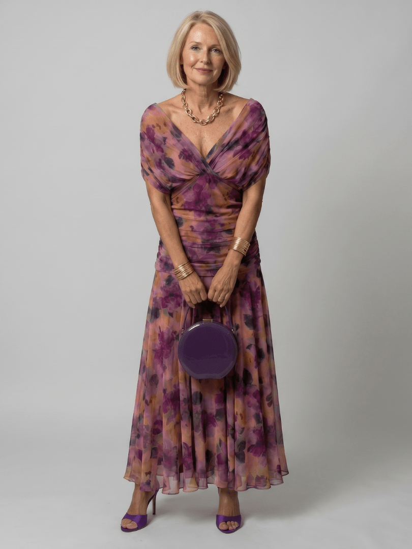 Off shoulder midi dress with draped neckline, perfect lightweight summer attire for wedding guests and cocktail events. 0